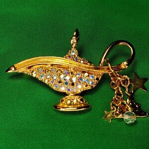 Vintage Kirks Folly Rhinestone Crystal Magic Genie Lamp Pin Brooch 2"